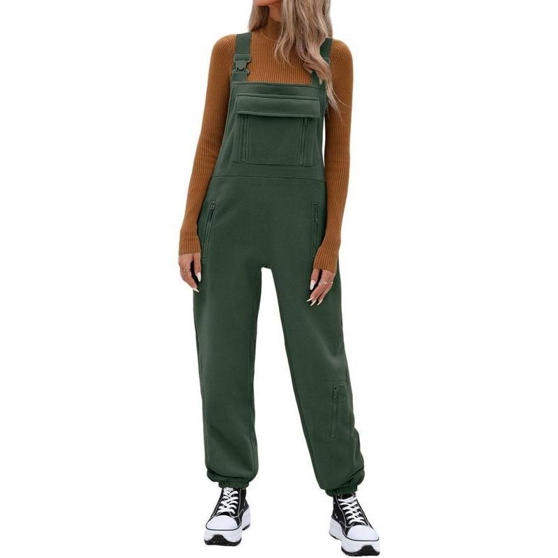 Women's Solid Zipper Pocket Polar Fleece Overall Jumpsuit, Casual Sleeveless Jumpsuit for Fall & Winter, Women's Jumpsuit for Daily Wear Womenswear Comfort Basic Minimalist Strap Strappy