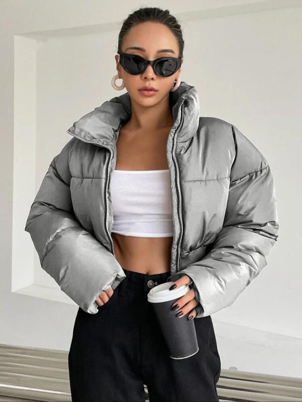 Women's Solid Zip Up  Crop Quilted  Jacket, Casual Funnel Neck Long Sleeve Outerwear for Fall & Winter, Women's Clothes for Daily Wear