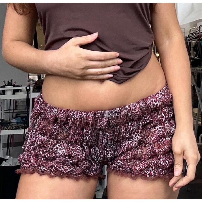 Women Y2k Sexy Ruffle Lounge Shorts Y2k Girls Cute Pettipants Leopard Print Elastic Waist Micro Shorts Pajamas Bottoms Party Streetwear