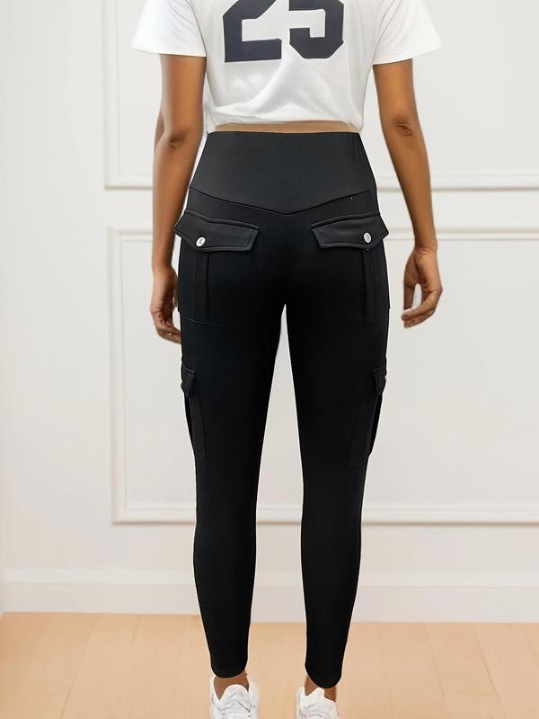  Solid High Waist Pocket Cargo Leggings, Casual Comfy Skinny Cargo Pants for Women, Women's Bottoms for Fall & Winter