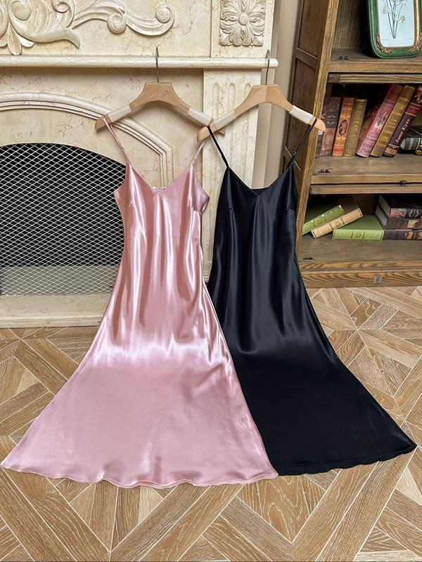 Women's Plain Backless Soft Satin Cami Nightdress, Summer Clothes Women, Soft Adjustable Spaghetti Strap Long Nightgown, Women's Sleepwear for Summer