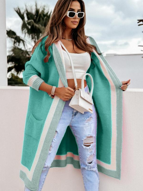 Women's Colorblock Long Sleeves Open Front Cardigan, Comfort Fashion Womenswear, Mean Girls Outfit, Cardigan for Women, Pocket Drop Shoulder Hooded Outerwear for Lady, Clothes for Women, Going Out Tops, Fall Outfits 2024, Tops for Women