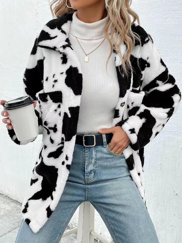 Women's Cow Print Button Front Plush Coat, Casual Drop Shoulder Collared Fuzzy Outerwear for Fall & Winter, Women's Clothing for Daily Wear