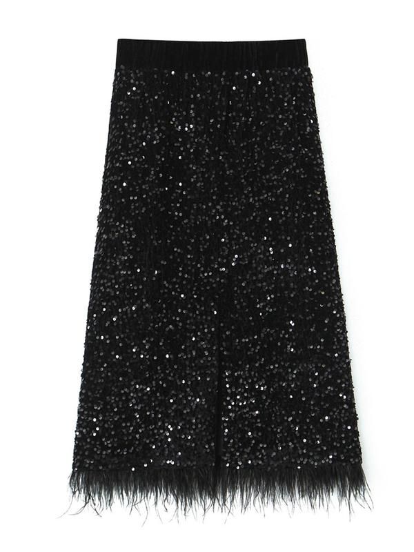 Women's Glitter Sequins Feather Fringe Trim Bodycon Skirt, Elegant High Waist Midi Skirt for Party Club Dating, Ladies' Skirts for All Seasons