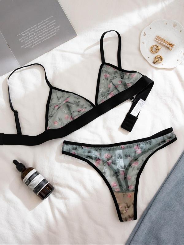 Women's Floral Print Wireless Bra & Thong Set, Adjustable Strap Sheer Mesh Sexy Lingerie Set, Soft Comfy Breathable Underwear Set for Women