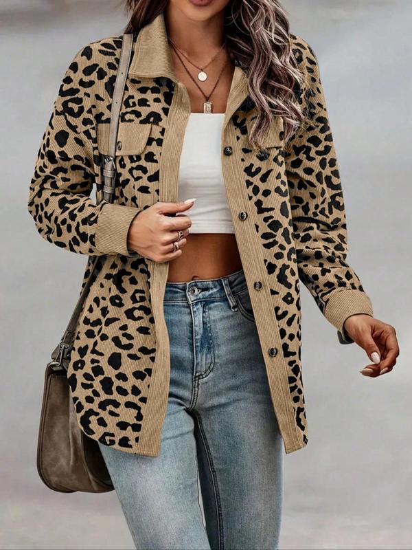 Women's Leopard Print Button Front Drop Shoulder Coat, Casual Long Sleeve Collared Outerwear for Spring & Fall, Ladies Clothes for Daily Wear