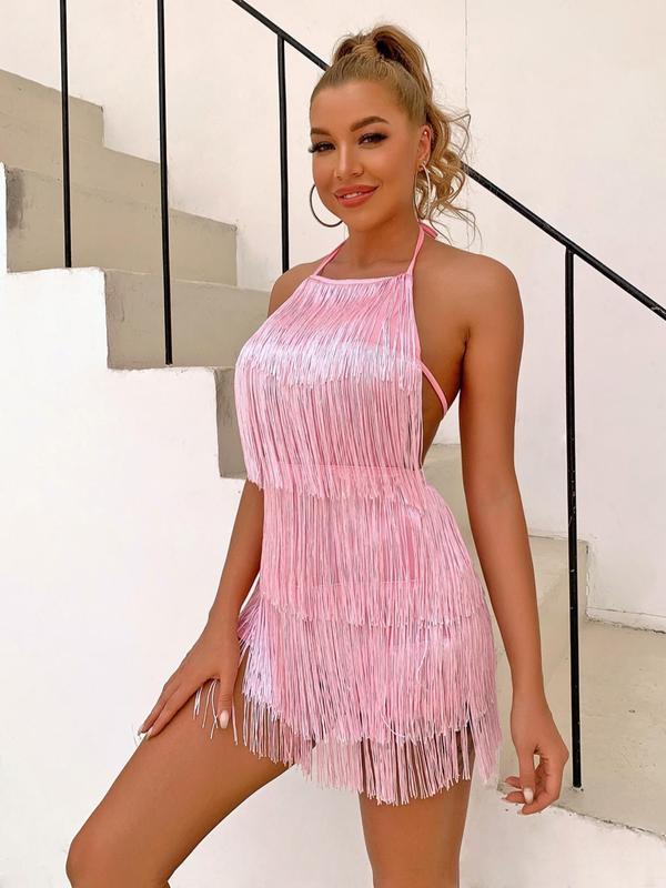 Women's Fringe Trim Halter Neck Romper, Elegant Tie Back Backless Romper for Party Club Dating, Jumpsuit for Women, Ladies Summer Clothes, Birthday Outfit