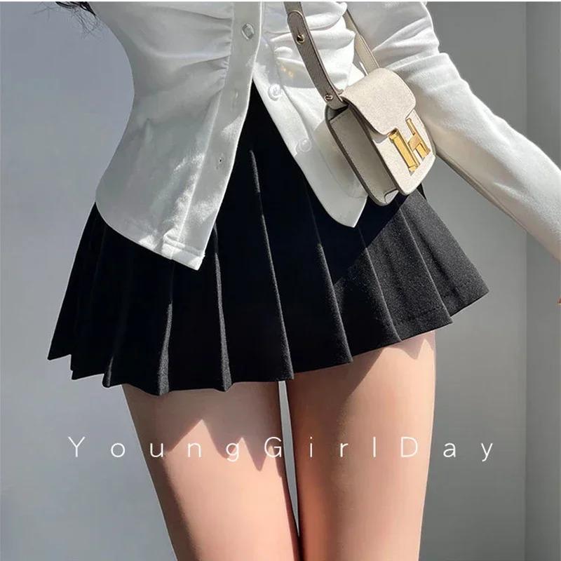 Women Pleated Skirt with Shorts Sexy High Waist Irregular White Black A-line Gyaru Tennis extreme Mini Skirt School 2024 Womenswear Bottom