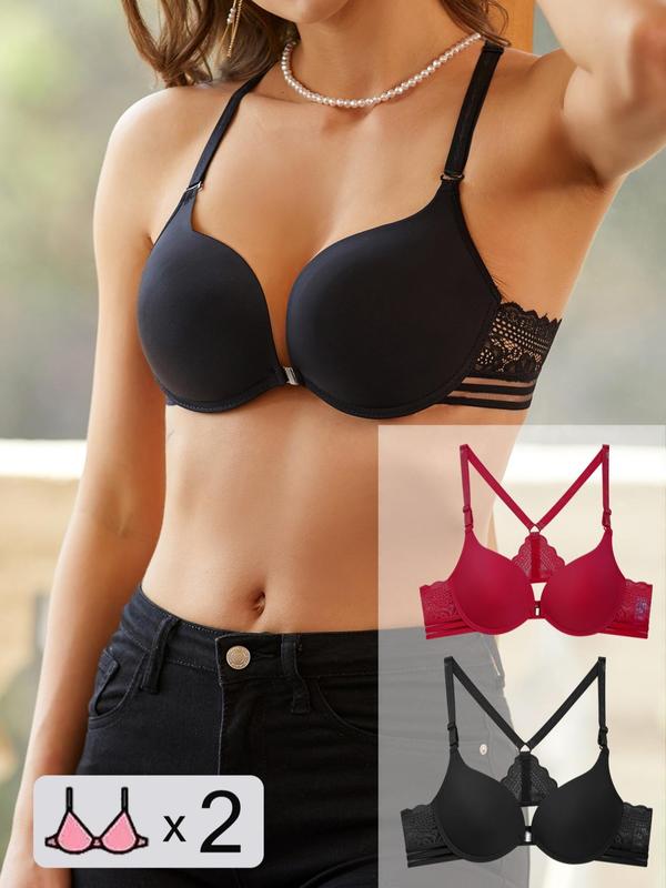 Women's 2pcs Plain Criss Cross Cut Out Contrast Lace Push Up Bra, Adjustable Strap Ring Linked Scallop Bralettes for Daily Wear, Women's Lingerie for All Seasons