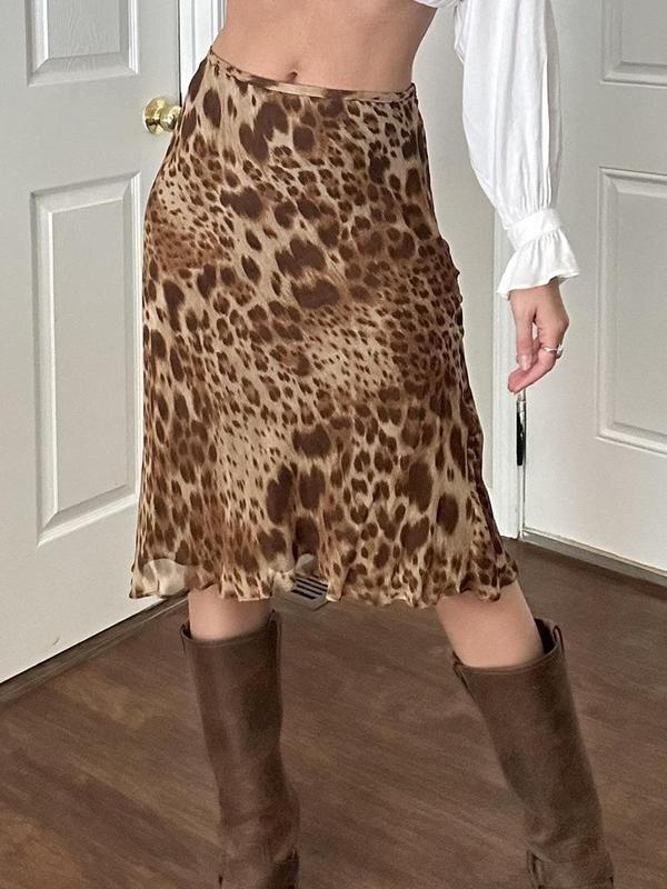 Women's Leopard Print Lettuce Trim Skirt, Casual Fashion Knee Length Skirt for Party Holiday Vacation, Ladies Bottoms for All Seasons