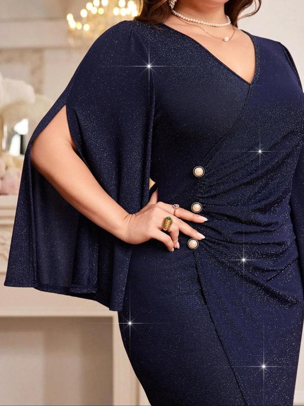 Plus Size Glitter Ruched Wrap High Low Hem Mermaid Dress, Elegant Button Decor Split Sleeve V Neck Dress for Party Cocktail, Women Plus Clothing for Summer