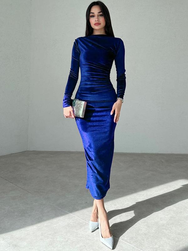 Women's Plain Ruched Boat Neck Bodycon Velvet Dress, Elegant Long Sleeve Midi Dress for Party Holiday Wedding Guest, Ladies Spring & Fall Clothes