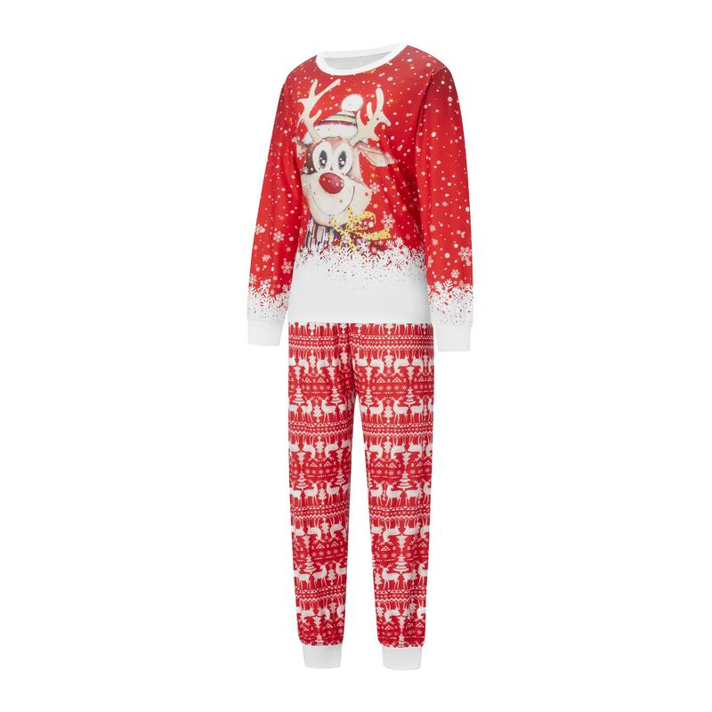 Red Matching Christmas Pajamas For Family, Deer Pattern Long Sleeve Tops and Pants Sleepwear Set