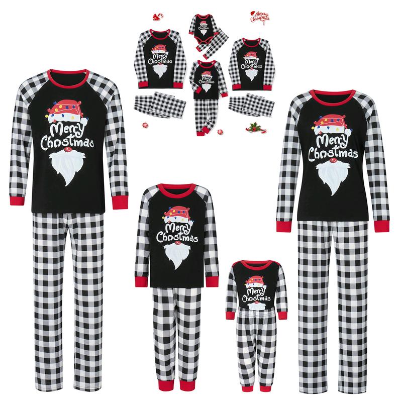 Family Matching Christmas Pajamas, Letter &Santa Hat Print Long-Sleeved Round Neck Tops + Plaid Pattern Trousers Sleepwear