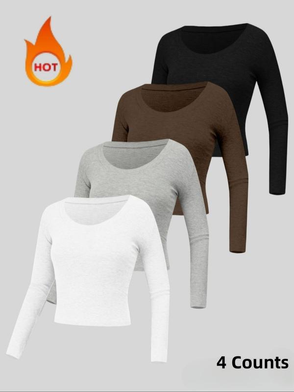 Women's Solid Long Sleeve Thermal Underwear Top, Casual Comfy Scoop Neck Top for Fall & Winter, Women's Underwear for Daily Wear