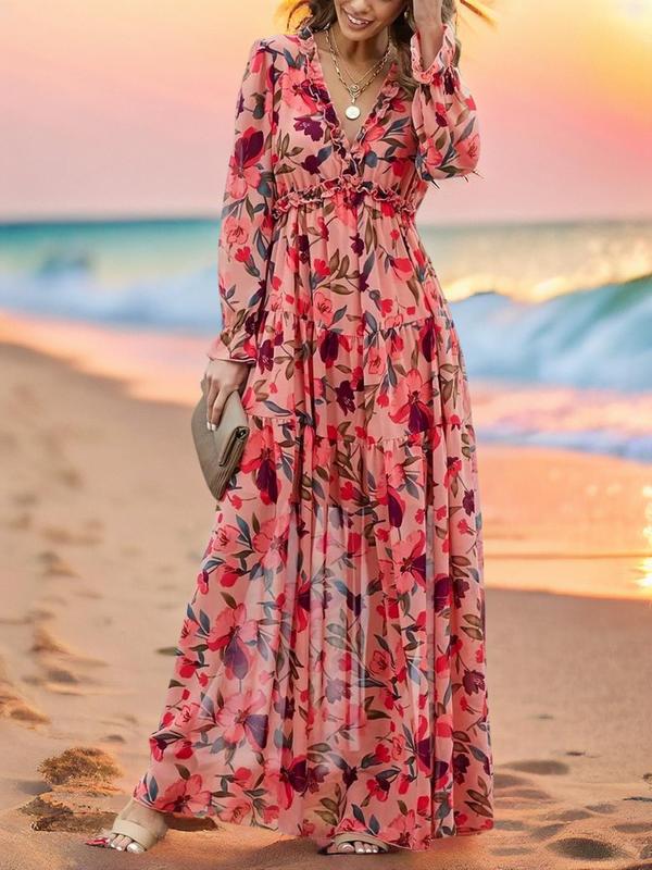 Women's Floral Print Frill Ruffle Hem Flounce Sleeve Chiffon Vintage Dress, Deep V Neck Long Sleeve A Line Maxi Dress, Women's Clothing for Holiday Vacation, Dresses for Women, Summer Clothes, Back To School Party, Birthday Dress, Women's Fall Clothing