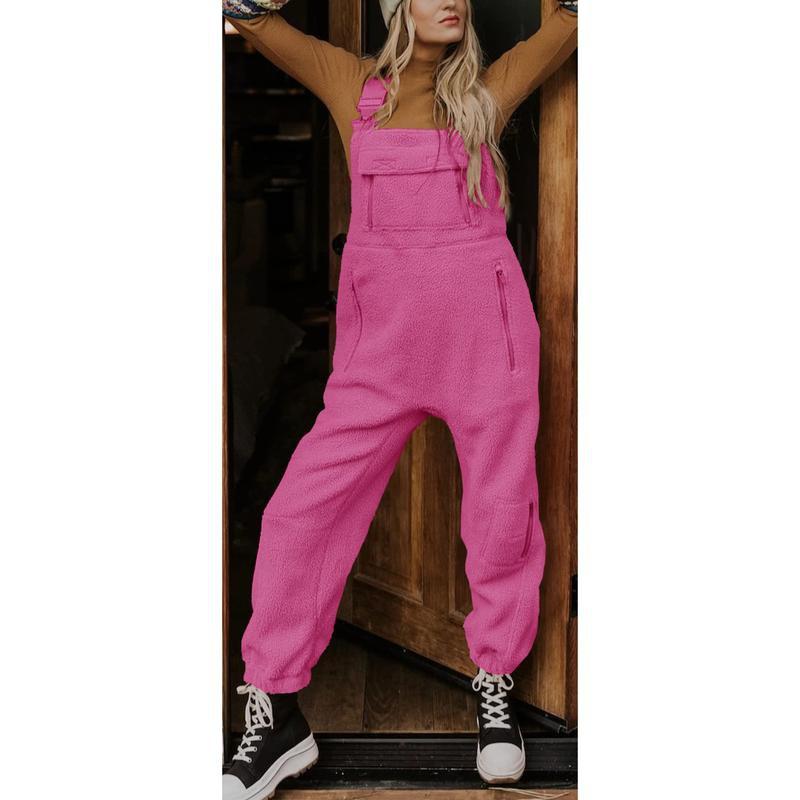 Women's Fleece Warm Overalls Winter Loose Casual Jumpsuits with Pockets Comfy Womenswear