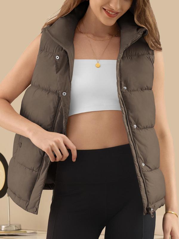 Women's Solid Button Front Pocket Zip Up Vest Coat, Sporty Stand Collar Sleeveless Outerwear for Fall & Winter, Women's Clothing for Daily Wear