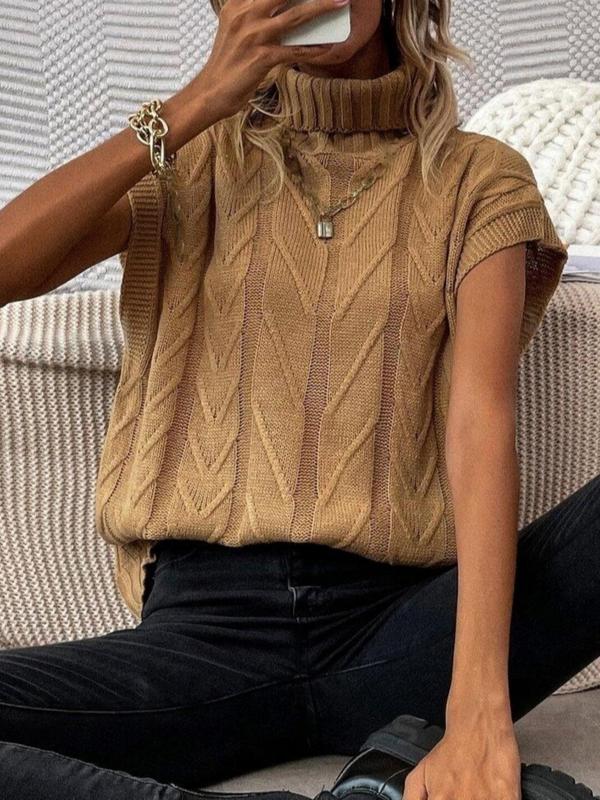 Women's Plain Textured Turtle Neck Sweater Vest, Sweaters for Women, Casual Cap Sleeve Knit Top for Spring & Fall, Fashion Women's Knitwear for Daily Wear