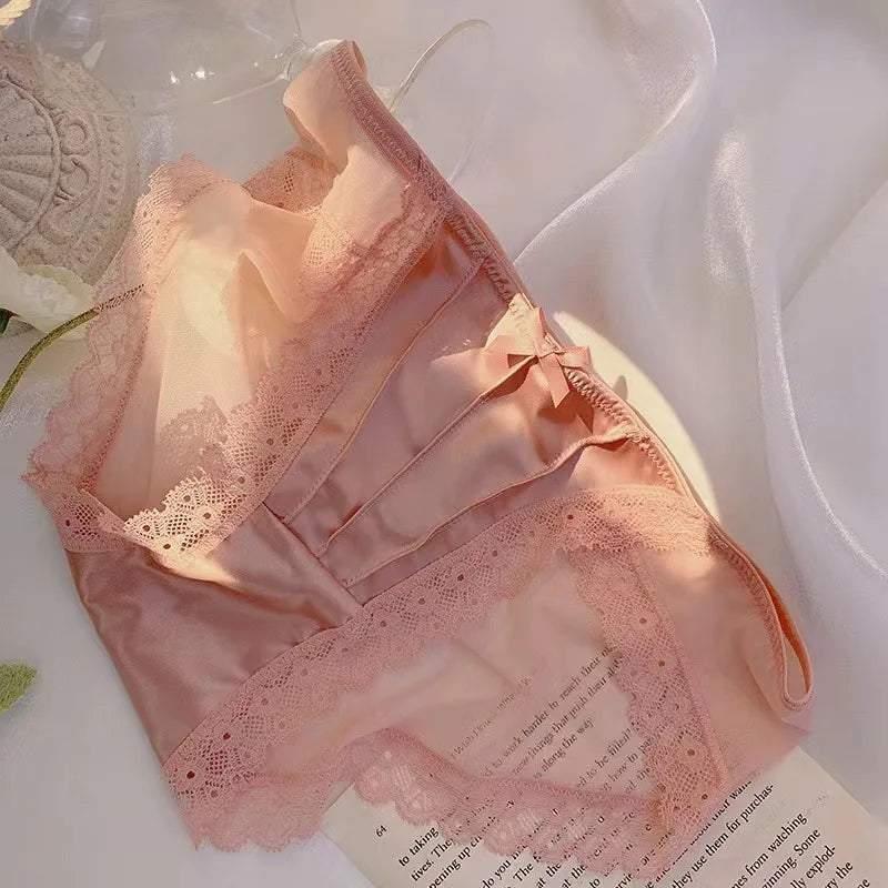 Vintage Satin Panties Soild Color Breathable Underwear Women French Sexy Lace Bow Lingerie Female Mid-waist Thin Mesh Briefs New