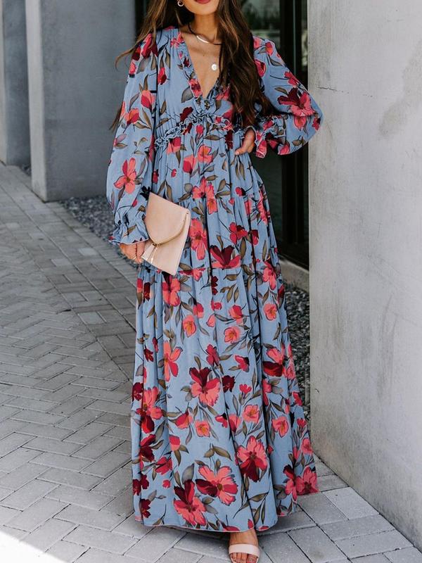 Women's Floral Print Frill Ruffle Hem Flounce Sleeve Chiffon Vintage Dress, Deep V Neck Long Sleeve A Line Maxi Dress, Women's Clothing for Holiday Vacation, Dresses for Women, Summer Clothes, Back To School Party, Birthday Dress, Women's Fall Clothing