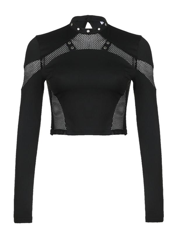 Women's Plain Hollow Out Contrast Mesh Crop Tee, Punk Mock Neck Long Sleeve T-shirt, Ladies Clothes for Party Holiday