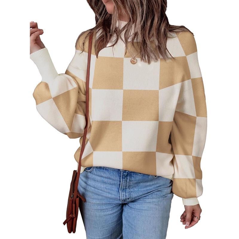 MOSHU Oversized Sweaters for Women Drop Shoulder Plaid Colorblock Tops Fall Crewneck Pullover Sweater