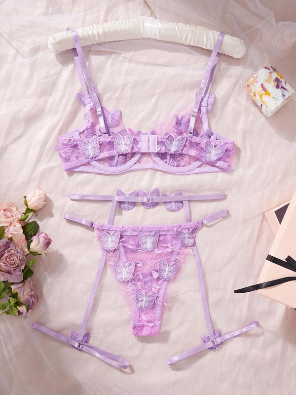 Women's Butterfly Embroidery Sheer Mesh Lingerie Three-piece Set, Romantic Adjustable Strap Underwire Bra & Thong & Garter Belt Set, Lingerie Set for Women