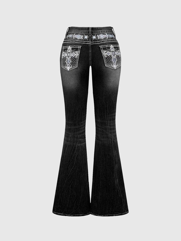 ROMWE Grunge Punk Y2K Vintage Flare Jeans For Women, Pocket Cross Wing Embroidery Slim Fit Bell Bottom Denim Pants