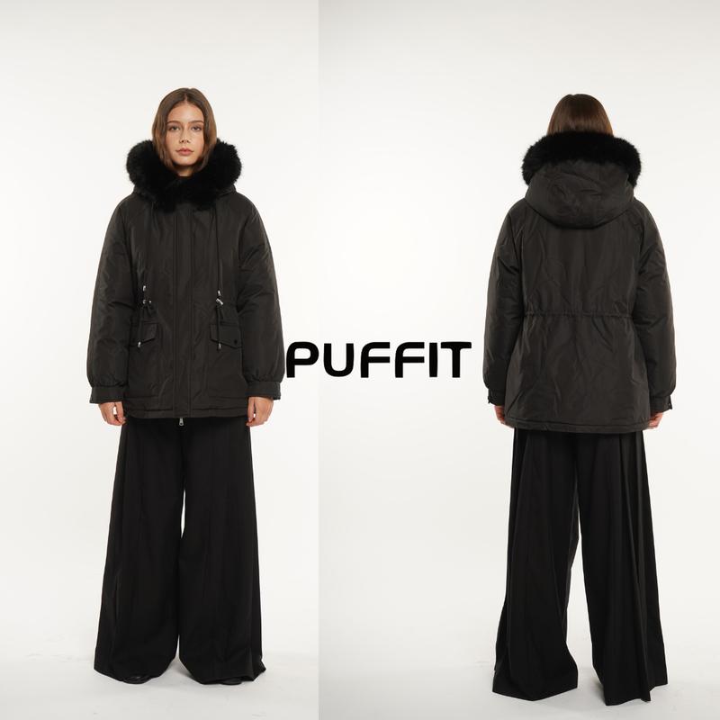 PUFFIT Faux Fur Mid-Length Hooded Drawstring Parka, Winter Warm Thickened Ladies Puffer Jackets, Fleece Lined Winter Coat for Women Go.G.G