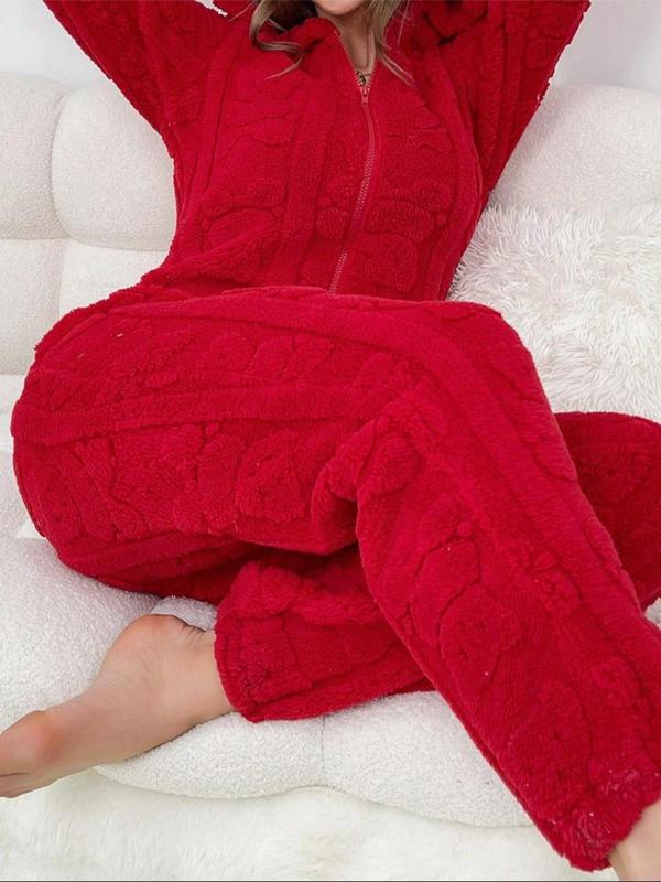 Women's Solid Zip Up Plush Hooded Jumpsuit, Casual Long Sleeve Jumpsuit for Fall & Winter, Christmas Pajamas, Women's Sleepwear for Indoor Wear Onesies Pajama