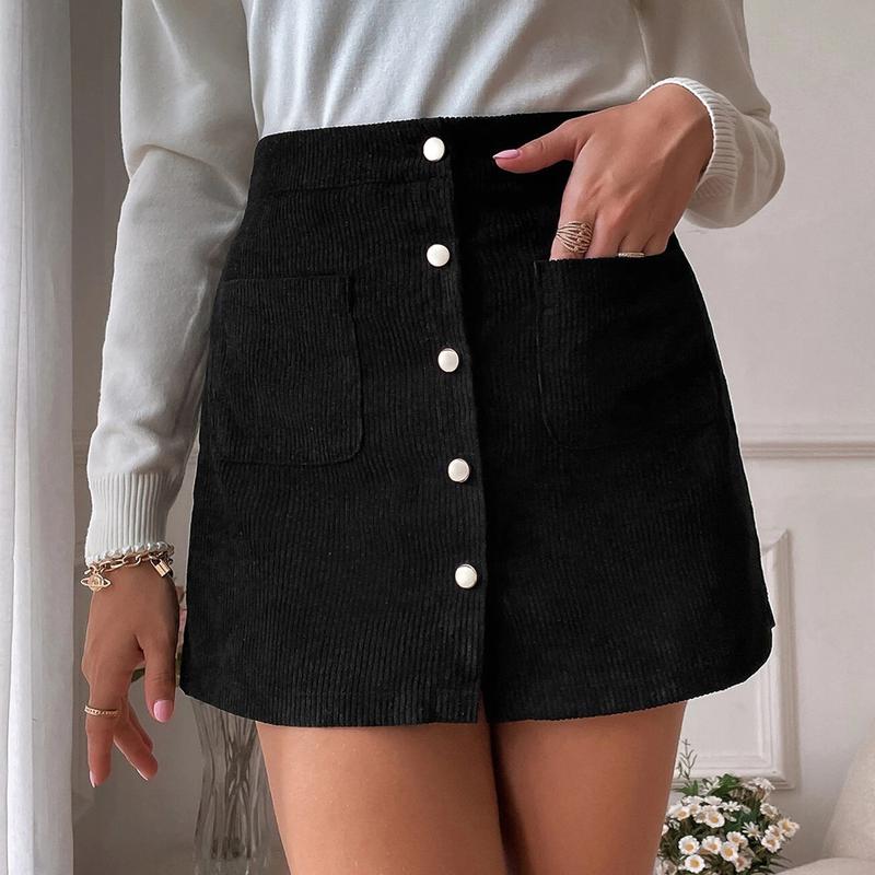 Corduroy Sheath Skirt Single-Breasted Slim Fit Solid Skirt Women's Clothing Fashion Womenswear