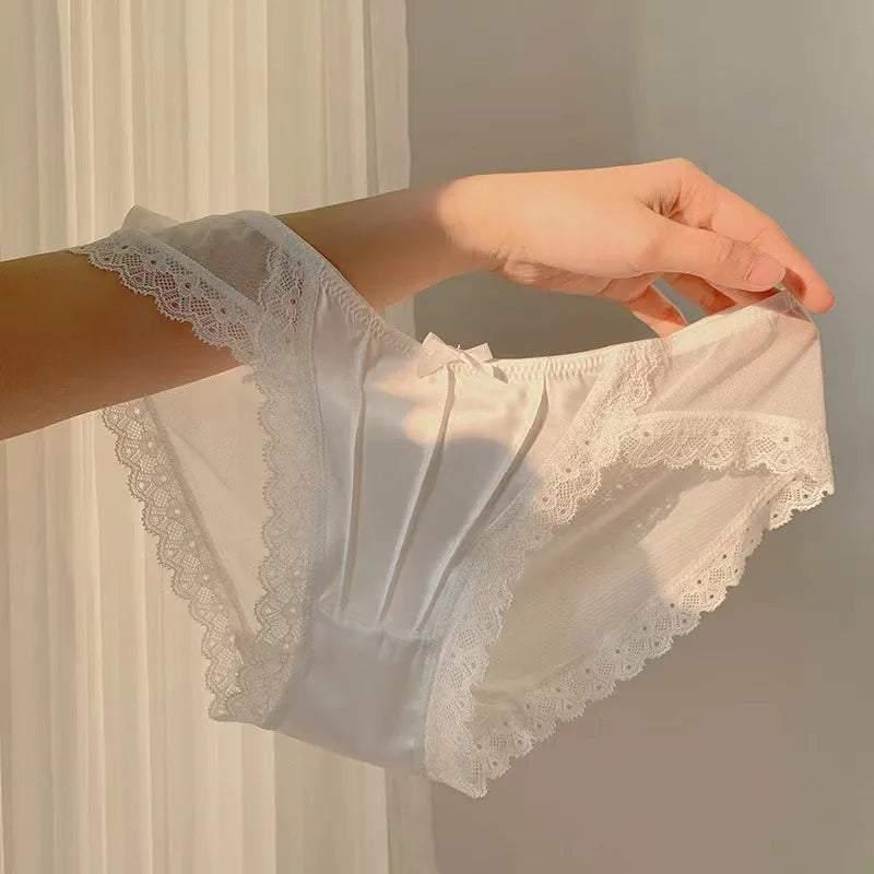 Vintage Satin Panties Soild Color Breathable Underwear Women French Sexy Lace Bow Lingerie Female Mid-waist Thin Mesh Briefs New