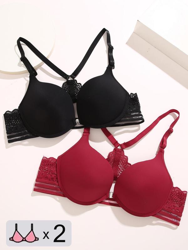 Women's 2pcs Plain Criss Cross Cut Out Contrast Lace Push Up Bra, Adjustable Strap Ring Linked Scallop Bralettes for Daily Wear, Women's Lingerie for All Seasons