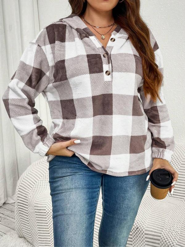 Women's Plaid Print Button Front Hoodie, Casual Long Sleeve Plus Hooded Sweatshirt for Fall & Winter, Women's Clothing for Daily Wear