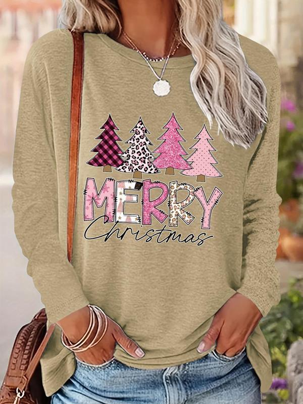 Women's Christmas Trees & Letter Print Drop Shoulder Tee, Casual Long Sleeve Round Neck Tops for Daily Wear, Womenswear Fall & Winter Clothes