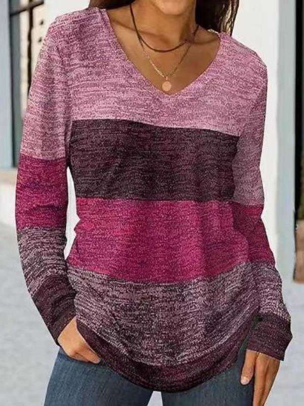 Plus Size Colorblock Striped Print V Neck Tee, Fall Outfits, Casual Long Sleeve T-shirt for Fall & Winter, T Shirts for Women, Women's Plus Clothing for Daily Wear, Black Girl Outfits, Fall Clothes