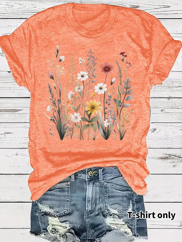 Women's Floral Print Round Neck Tee, Vintage Trendy Casual Fitted Short Sleeve T-shirt for Daily Wear Back To School, Graphic Tees, T Shirts for Women, Ladies Fall Outfit