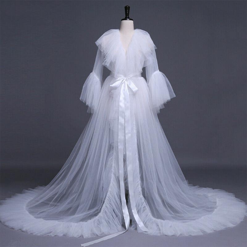 Women Kimono Dress Sheer Tulle V-Neck Long Flare Sleeves Floor-Length Night-Robe Lingerie ball  gown pj day