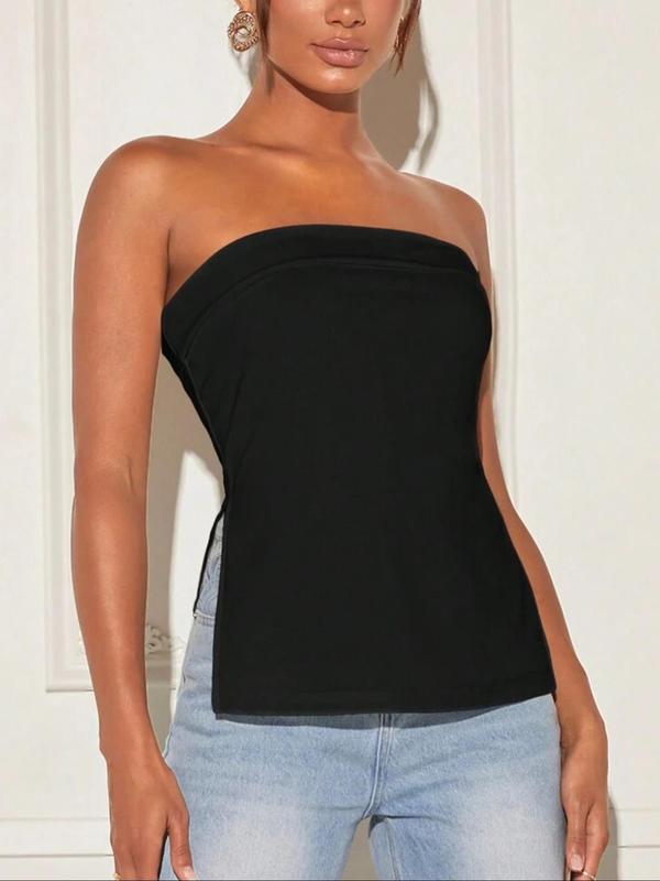 Fall Women's Solid Backless Split Hem Tube Top, Back To School Outfits, Casual Strapless Top for Summer, Ladies Clothes for Daily Wear Black Girl Outfits