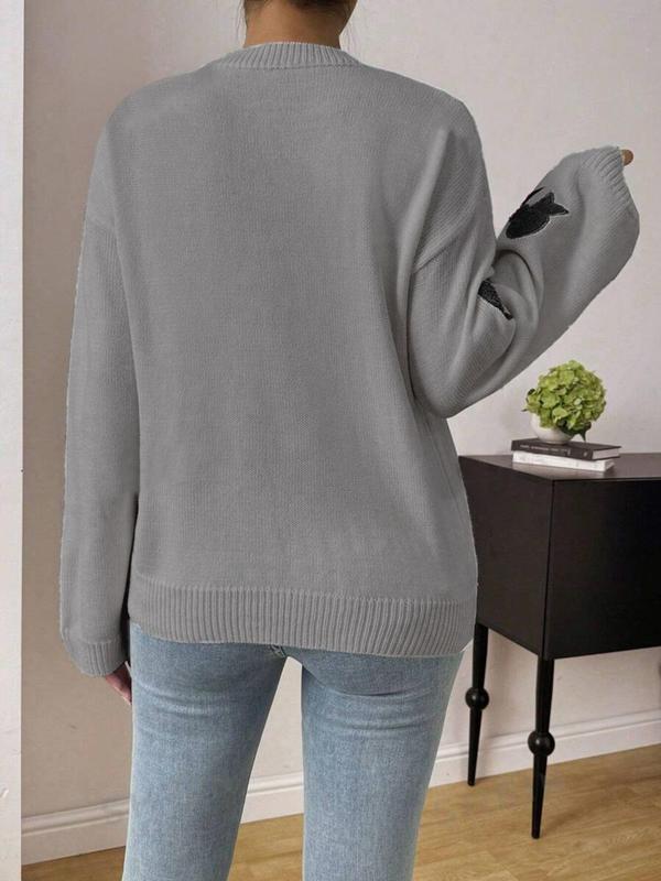 Women's Bow Patched Drop Shoulder Sweater, Casual Long Sleeve Round Neck Jumper for Fall & Winter, Fashion Ladies' Knitwear for Daily Wear