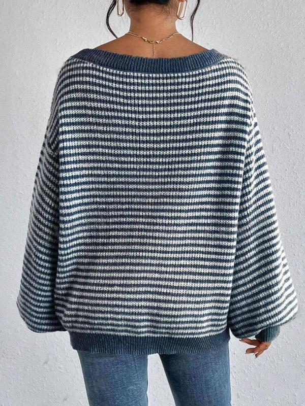 Women's Striped Print Drop Shoulder Boat Neck Sweater, Casual Long Sleeve Jumper for Spring & Fall, Fashion Women's Knitwear for Daily Wear