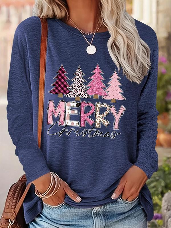 Women's Christmas Trees & Letter Print Drop Shoulder Tee, Casual Long Sleeve Round Neck Tops for Daily Wear, Womenswear Fall & Winter Clothes