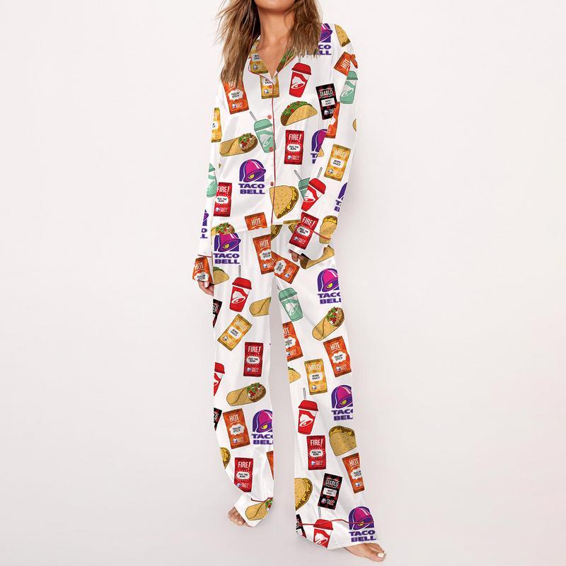 Taco Bell Pajama Set For Women Print Comfy Satin Sleepwear & Loungewear Pjs Short Sleeve Top & Bottoms Shorts Without Pockets SHESHOW -