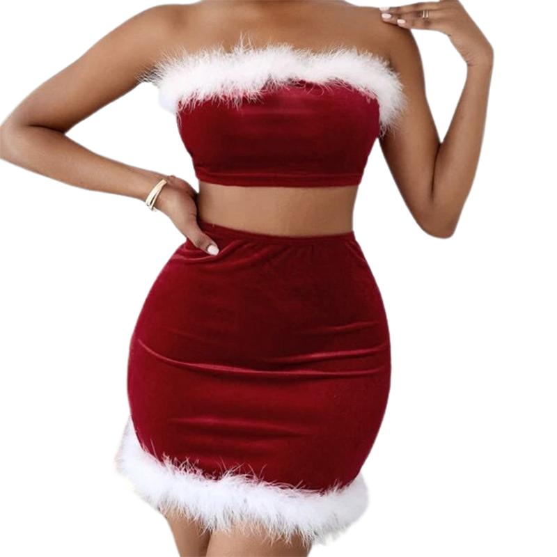 Women's Christmas Lingerie Uniform Velvet Santa Claus Fur Trim Crop Tube Tops + Bodycon Mini Skirt Xmas Cosplay Costume Set