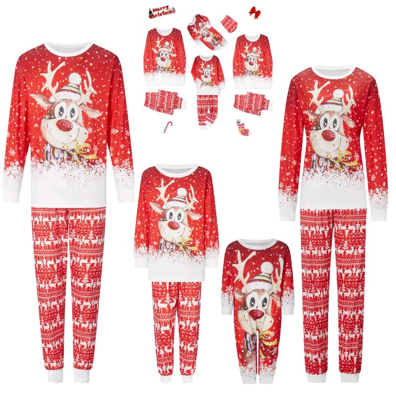 Red Matching Christmas Pajamas For Family, Deer Pattern Long Sleeve Tops and Pants Sleepwear Set