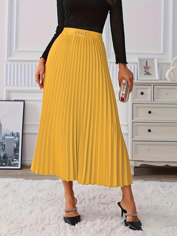 Women's Chain Decor Pleated Skirt, Elegant Solid Color Midi Skirt for Daily Outdoor Wear, Ladies Bottoms for Summer