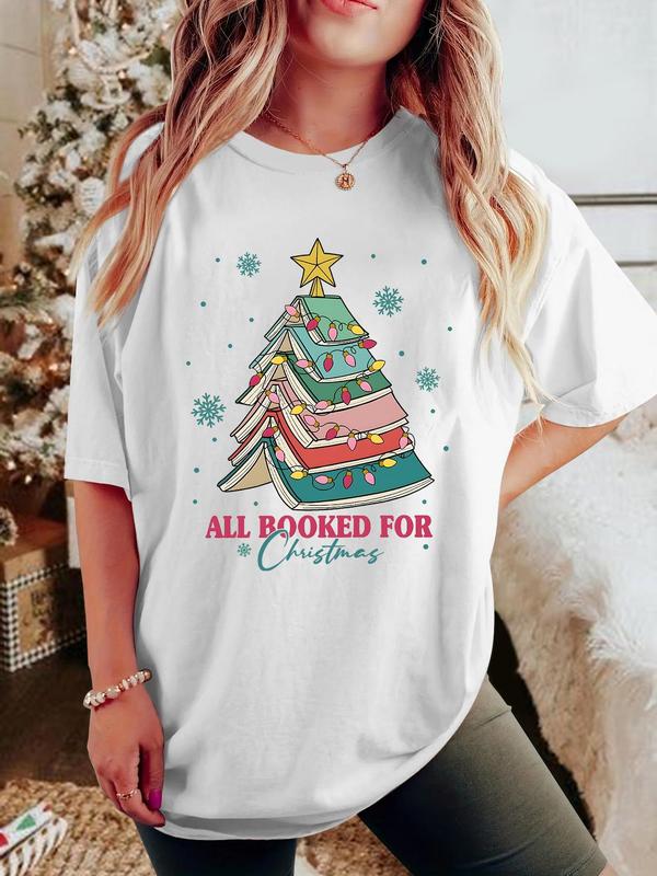 Women's Christmas Gingerbread Man Print Round Neck Tee, Casual Short Sleeve Drop Shoulder T-shirt for All Seasons, Fashion Women's Top for Daily Wear