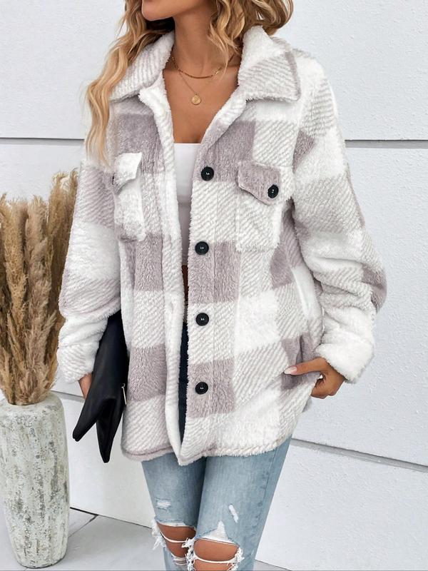 Women's Plaid Print Button Front Fleece Jacket, Casual Long Sleeve Outerwear for Fall & Winter, Ladies Clothes for Daily Wear