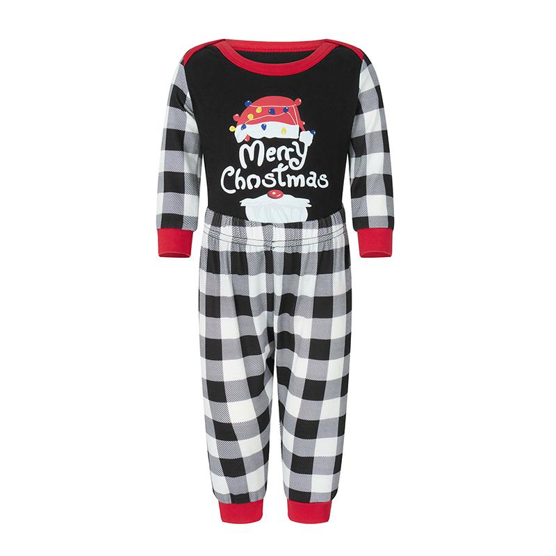 Family Matching Christmas Pajamas, Letter &Santa Hat Print Long-Sleeved Round Neck Tops + Plaid Pattern Trousers Sleepwear